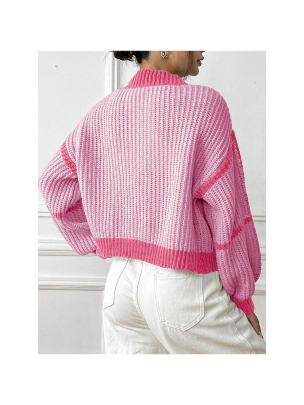 Color-Block Ribbed Knit Open-Front Cropped Cardigan - Picture 13 of 13